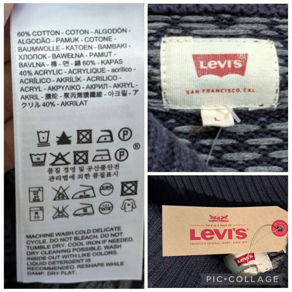NEW LEVIS Nevy Gray Thick Sweater Men’s Size Large Varsity Collar Winter Pattern - Picture 6 of 6